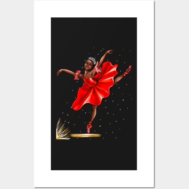 Ballet, African American ballerina in red pointe shoes, dress and crown - ballerina doing pirouette in red tutu and red shoes  - brown skin ballerina Wall Art by Artonmytee